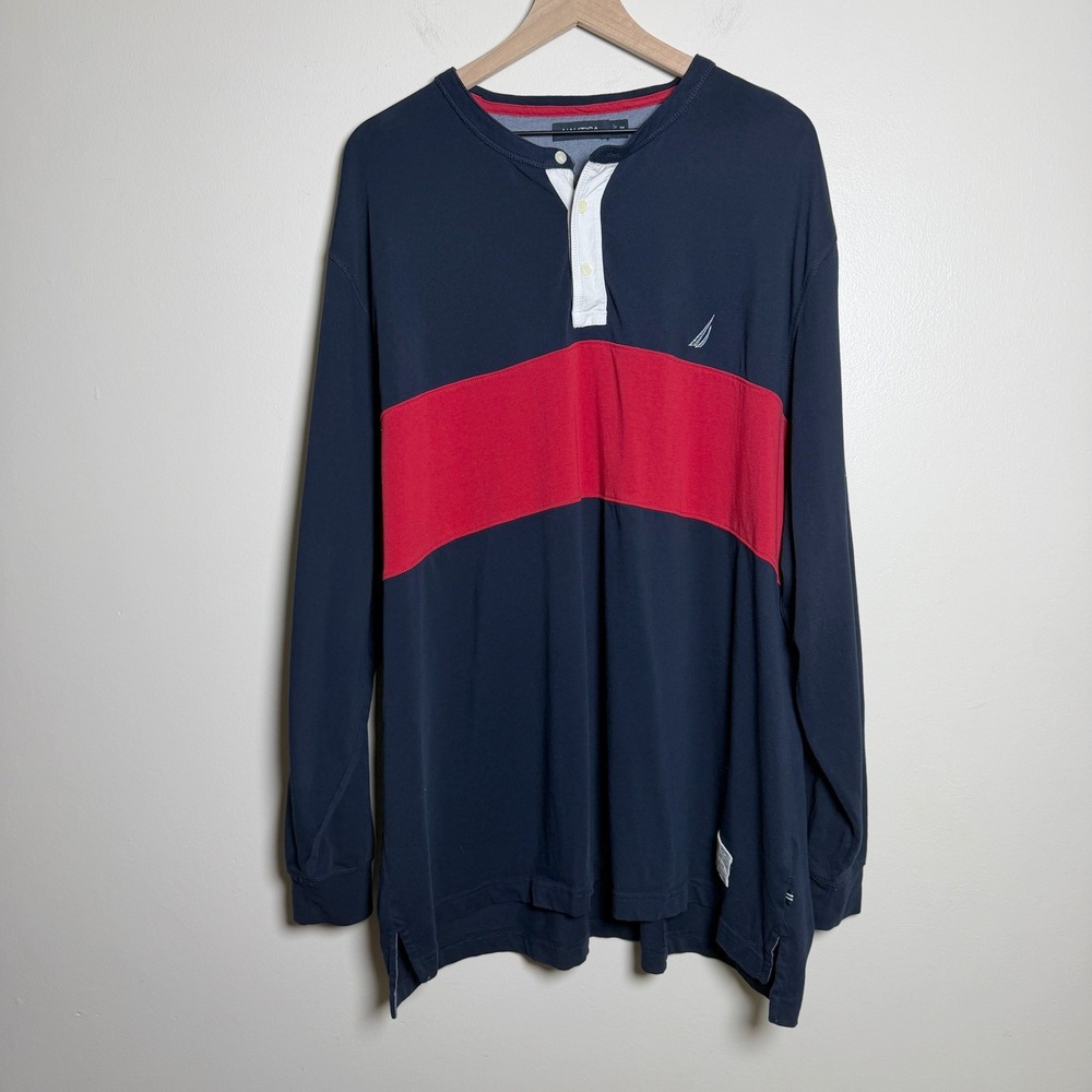 Nautica Mens 100% Cotton Henley 3XL Navy Blue Red Colorblock Preppy Sail Yacht